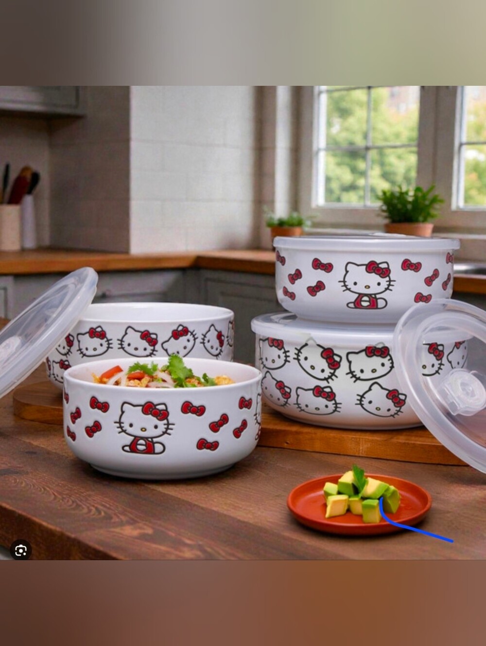 Hello Kitty Ceramic Food Storage Bowls 4 Bowl  With Venting Lids Set